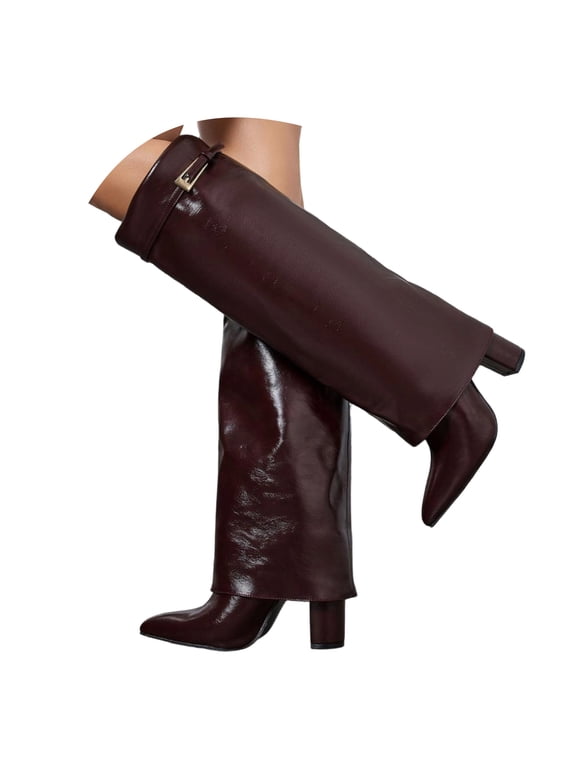 Knee High Boots Women Fold Over Chunky Heel Pointed Toe Fashion Slouchy Tall Shark Boot Size 5.5-9.5