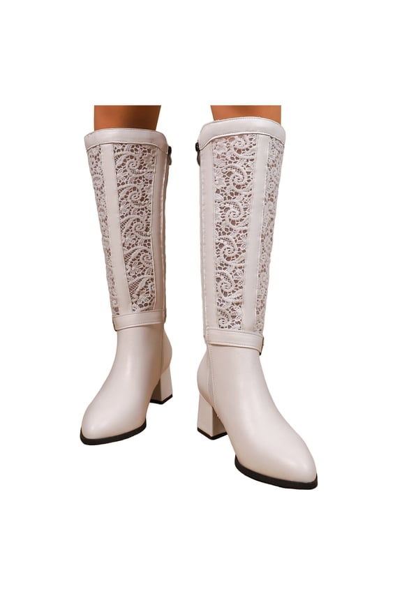 Knee High Boots Women Lace Chunky Heel Dress Winter Booties Side Zipper Pull on Pumps Boot for Wedding Party Prom White 9