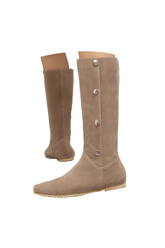 Knee High Boots Women Pointed Toe Flat Low Heel Slouch Boot Fold Over Wide Calf Ankle Booties with Side Buttons Beige 10.5