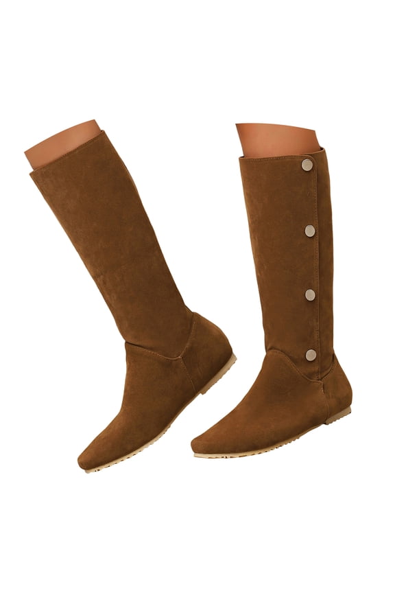 Knee High Boots Women Pointed Toe Flat Low Heel Slouch Boot Fold Over Wide Calf Ankle Booties with Side Buttons Brown 5