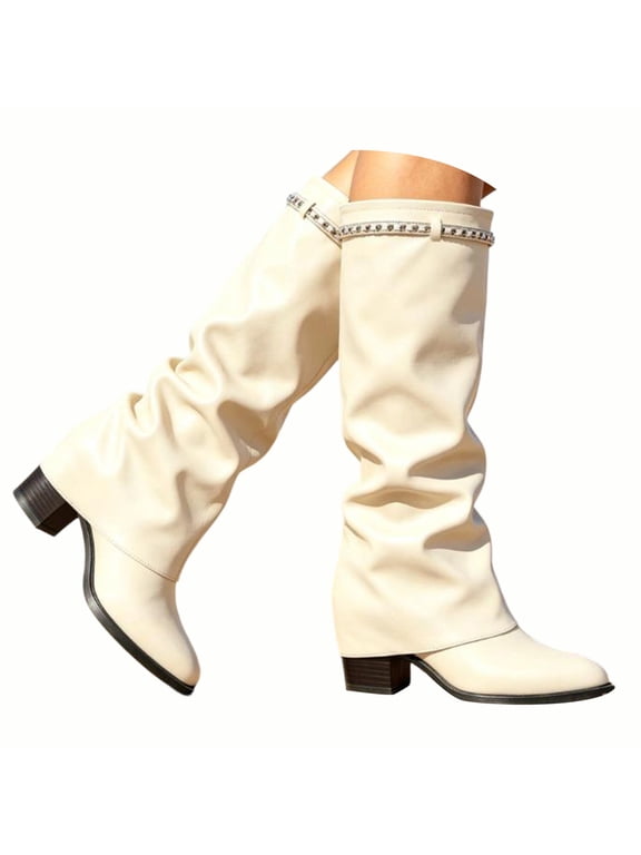 Knee High Boots Women Wide Calf Fold Over Faux Leather High Shark Booties Slouchy Fashion Casual Dress Boots Fall Winter Shoes