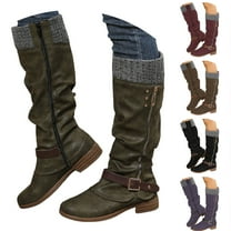 Pandaie Knee High Boots Women Winter Slouchy Western Riding Fall Winter Booties Buckle Side Zipper Chunky Heel Motorcycle Hiking Shoes Black 6