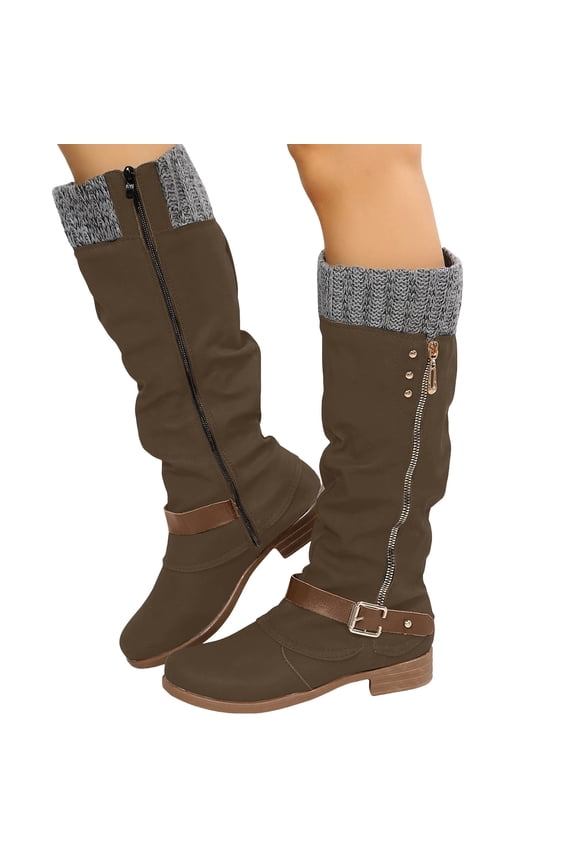 Knee High Boots Women Winter Slouchy Western Riding Fall Winter Booties Buckle Side Zipper Chunky Heel Motorcycle Hiking Shoes Brown 8