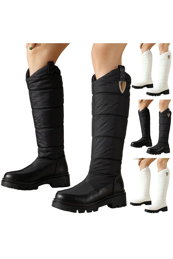 Knee High Boots Women Winter Snow Cowboy Western Boots Waterproof Platform Wide Calf Warm Outdoor Dressy Shoes Black 7