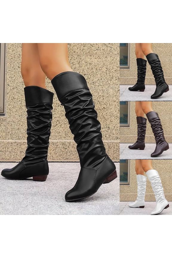 Knee High Boots Women's Slouchy Slim Calf Block Low Heel Booties Retro Western Cowboy Casual Fashion Shoes Black 6.5