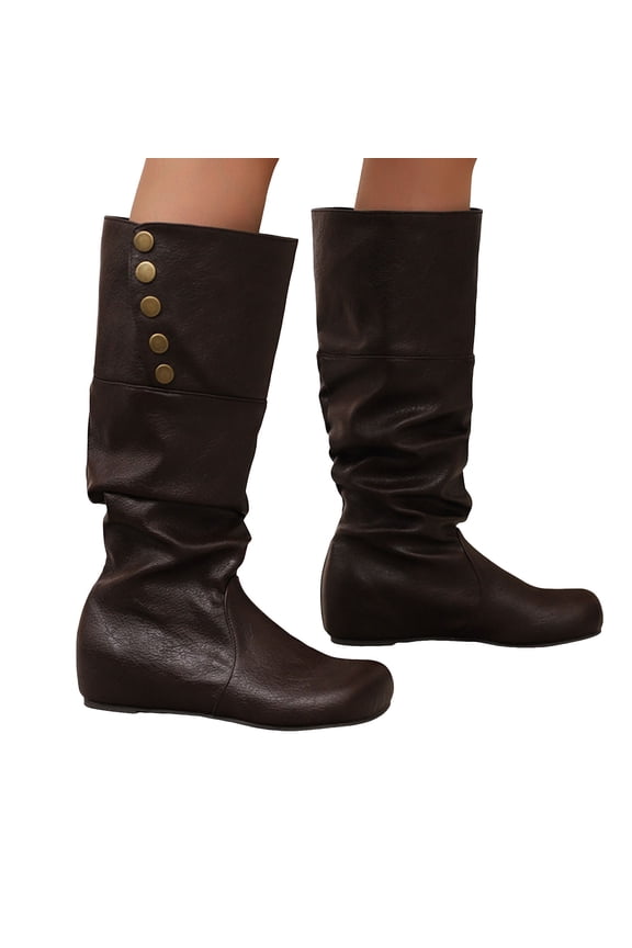 Knee High Boots for Women Hidden Wedge Heel Slouchy Flat Booties Wide Calf Fold Over Leather Fall Winter Shoes Brown 9