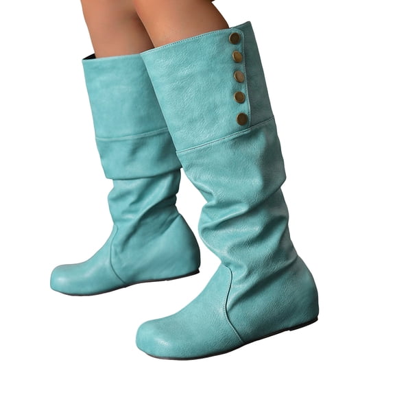 Pandaie Knee High Boots for Women Hidden Wedge Heel Slouchy Flat Booties Wide Calf Fold Over Leather Fall Winter Shoes Mint Green 9