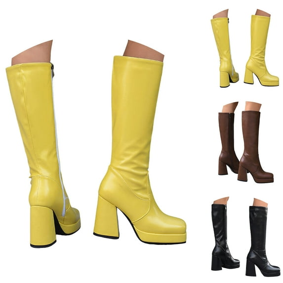 Pandaie Knee High Boots for Women Square Toe Platform Tall Boots Chunky Block Heeled Chelsea Western Booties Black 8.5