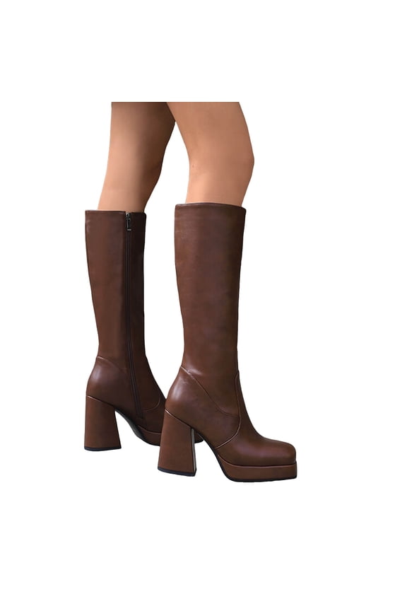 Knee High Boots for Women Square Toe Platform Tall Boots Chunky Block Heeled Chelsea Western Booties Brown 7