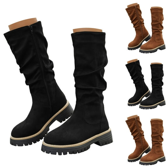 Pandaie Knee High Boots for Women Wide Calf Suede Slouchy Tall Boots Chunky Low Heel Round Toe Chelsea Fall Winter Casual Shoes Black 7