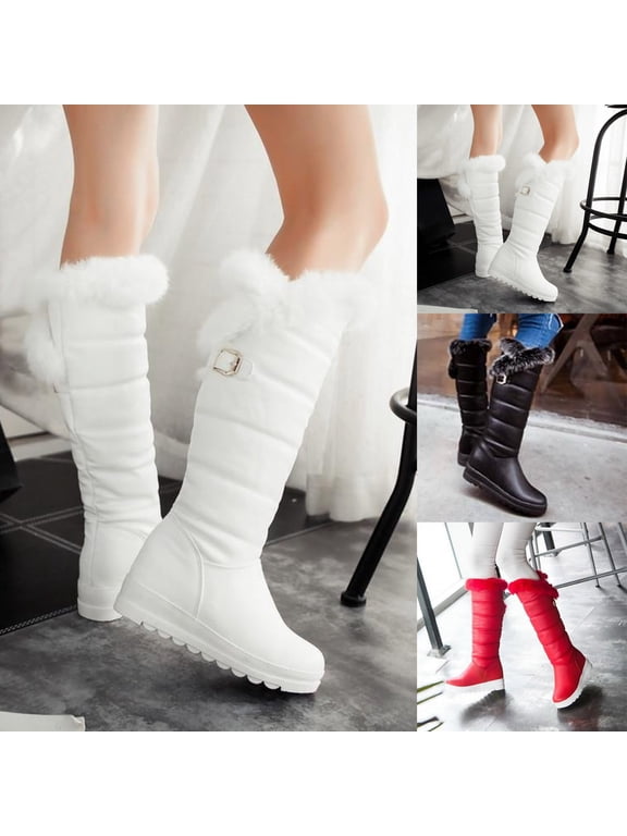 Knee High Warm Boots for Women Fleece Lined Snow Tall Boot Plush Cuff Metal Buckle Non Slip Lug Sole Winter Outdoor Booties Size 5.5-10