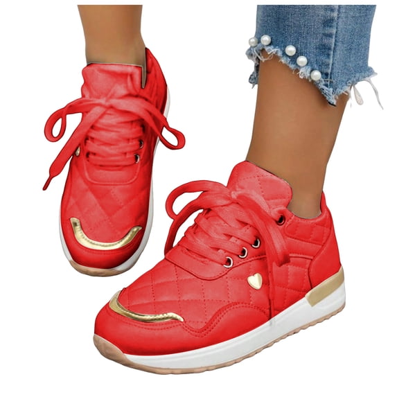 Pandaie Leather Fashion Sneakers Women Metal Trim Memory Foam Lace up Running Walking Tennis Shoes for Casual Workout Gym Sport Red,6.5