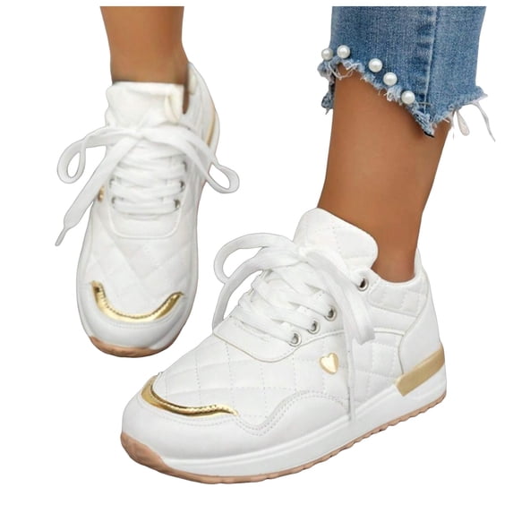 Pandaie Leather Fashion Sneakers Women Metal Trim Memory Foam Lace up Running Walking Tennis Shoes for Casual Workout Gym Sport White,6.5