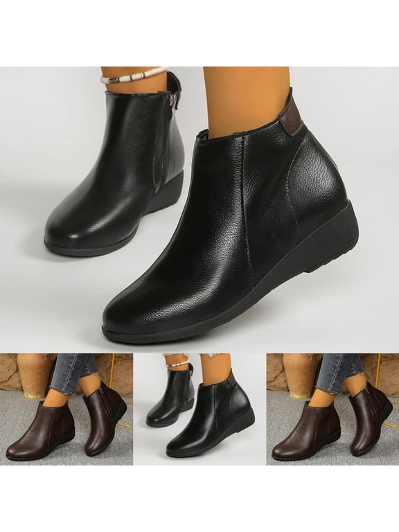 Leather Wedge Ankle Boots for Women Soft Comfy Fashion Casual Side Zipper Low Heel Walking Short Booties Size 5-10