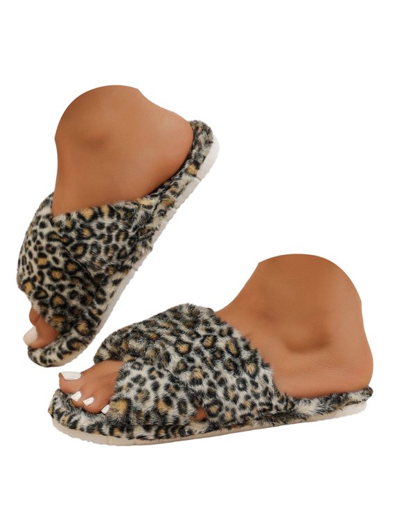 Leopard Print Slippers for Women Fashion Cozy Cushioned Memory Foam House Slides Fuzzy Non Slip Warm Open Toe Shoes Size 6.5-9.5