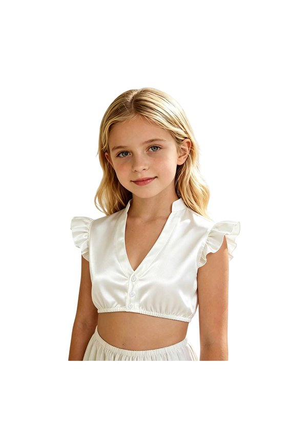 Little Girl Satin Ruffle Short Sleeve Blouse Lace Tulle Crop Shirt Underwear Clothes for Oktoberfest Daily Wear White,7-8 Years