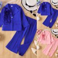 thumbnail image 1 of Pandaie Little Girls Floral Suit Outfit Lapel Single Button Blazer with Tiered Ruffle 3D Rose Applique Center Seam Flare Pants Kids Wedding Formal Wear Set Blue,3-4 Years, 1 of 9