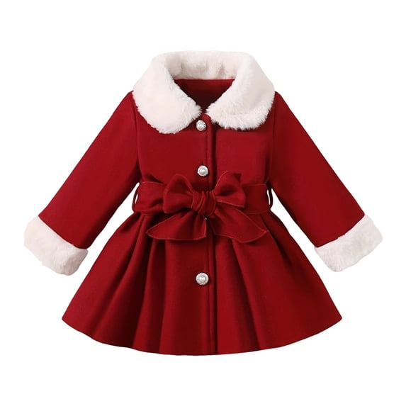 Pandaie Little Girls' Trench Coat Faux Fur Collar Bow Decor Wool Blend Dress Jacket Clothes for Winter Holiday Party Red,6 Years