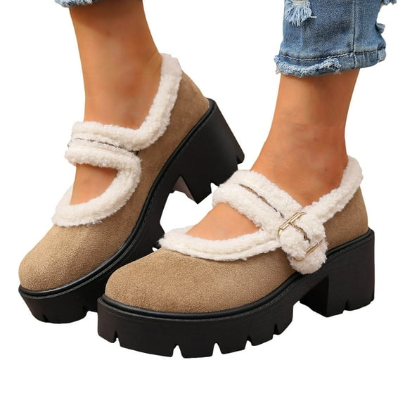 Pandaie Mary Jane Shoes Women Fleece Lined Platform Pumps Dress Shoes Suede Ankle Strap Chunky Mid Heel Winter Oxfords Khaki 9.5