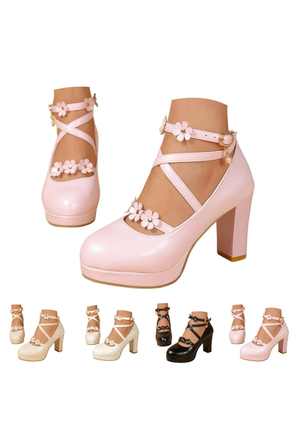 Mary Jane Shoes Women Platform Chunky Block High Heels Comfortable Flower Strappy Dress Pumps for Party Wedding Size 6-9 Beige
