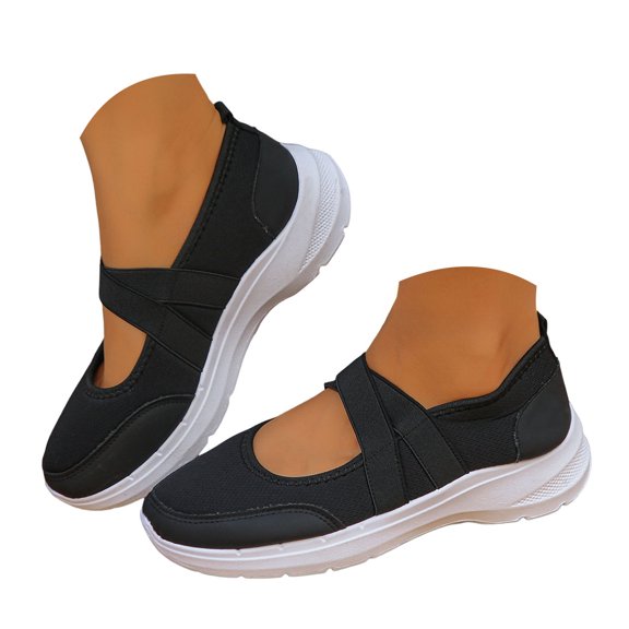 Pandaie Mary Jane Sneakers for Women Casual Platform Slip on Shoes Trendy Non Slip Lightweight Walking Shoe with Memory Foam Insole Elastic Straps Black 9