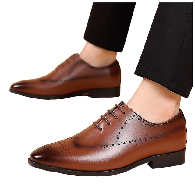 Pandaie Men's Dress Shoes Leather Wingtip Formal Business Oxford Shoes Classic Lace up Retro Work Loafers for Men Brown 7.5