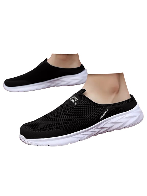 Men's Open Back Sneaker Clogs Breathable Knit Mules Shoes Lightweight Slip on Sneakers Casual Walking Slides with Arch Support White Size 10