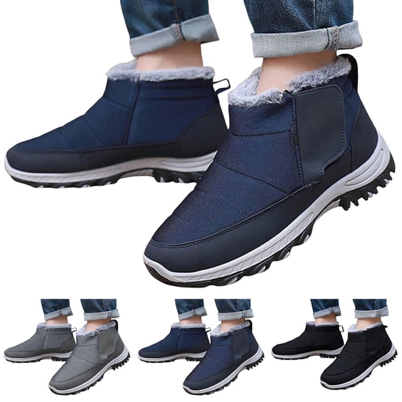 Pandaie Mens Ankle Snow Boots Waterproof Hook and Loop Warm Winter Booties Arch Support High Top Walking Hiking Shoes Black 7.5