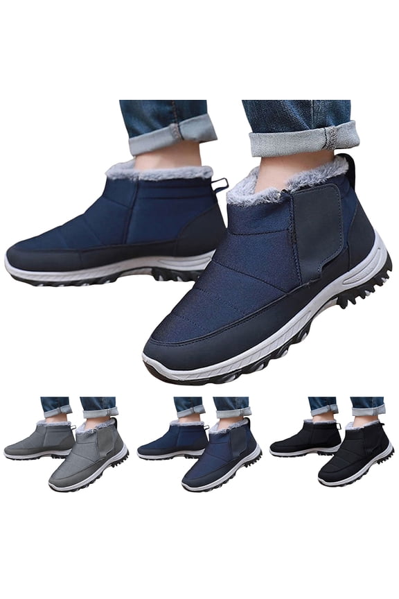 Mens Ankle Snow Boots Waterproof Hook and Loop Warm Winter Booties Arch Support High Top Walking Hiking Shoes Black 7.5