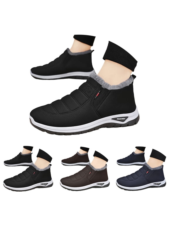 Mens Warm Snow Boots Wide Toe Lightweight Fuzzy Lined Winter Shoes with Arch Support Slip on Casual Outdoor Waterproof Hiking Short Booties Black 7.5