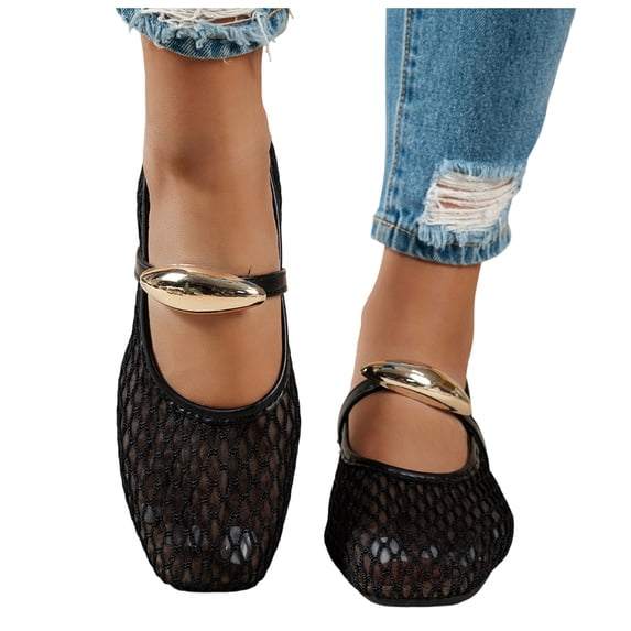 Pandaie Mesh Ballet Flats Shoes for Women Comfortable Dressy Square Closed Toe Fishnet Mary Jane Summer Office Business Work Loafers (Black,8)