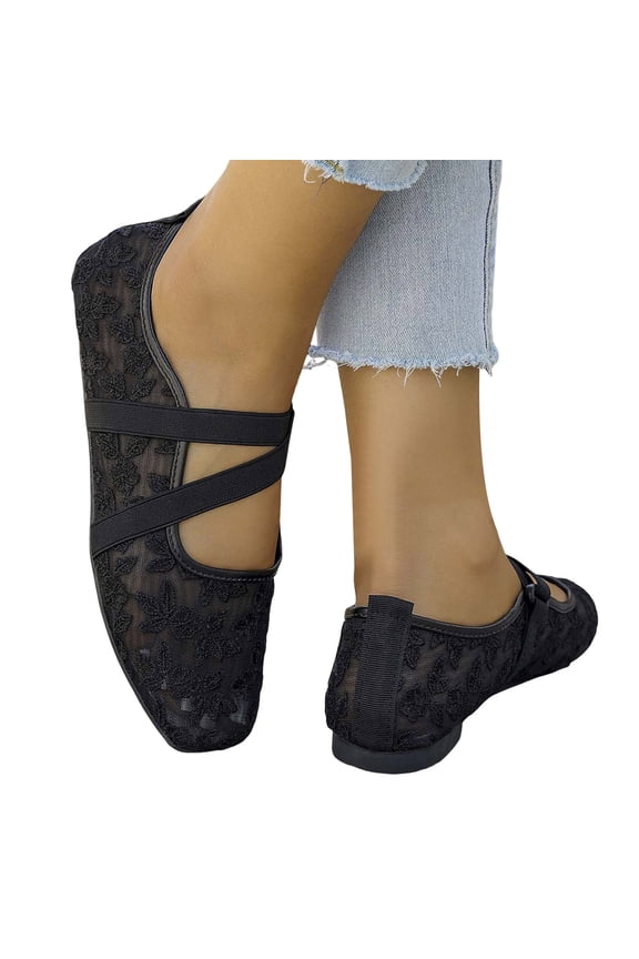 Mesh Ballet Flats Shoes for Women Mesh Lace Floral Mary Jane Square Toe Dress Shoes for Work Office Walking Casual Black 7