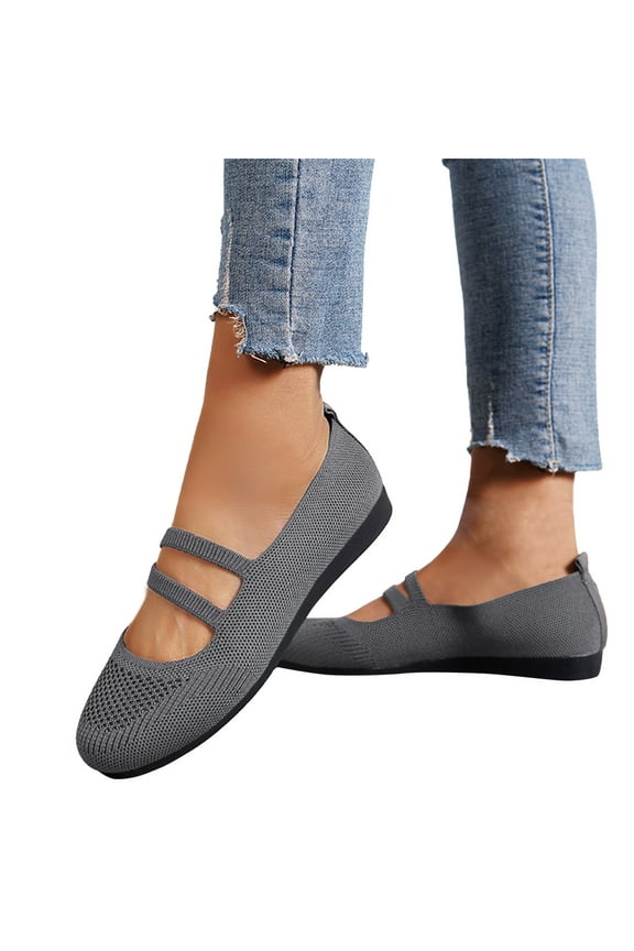 Mesh Ballet Flats for Women Comfortable Slip on Loafers Mary Jane Low Wedges Casual Walking Dress Shoes with Straps Grey Size 8