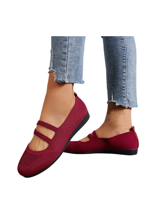 Mesh Ballet Flats for Women Comfortable Slip on Loafers Mary Jane Low Wedges Casual Walking Dress Shoes with Straps Wine Size 7