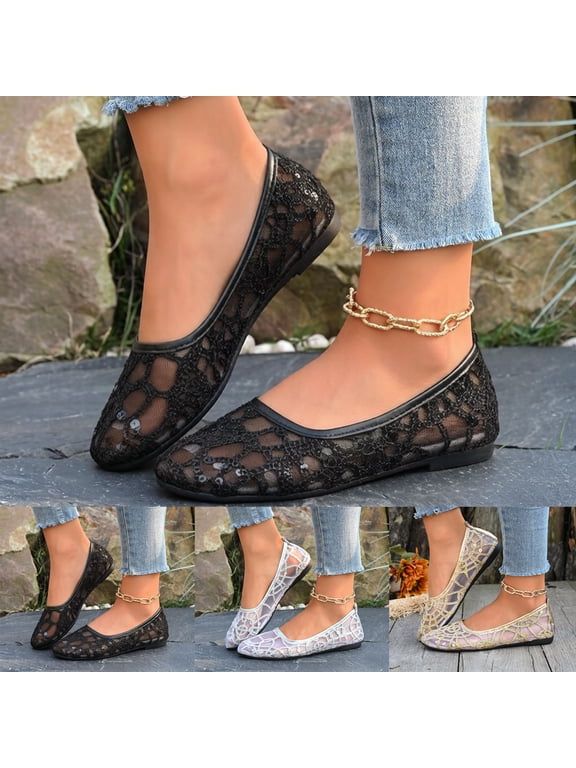 Mesh Ballet Flats for Women Sequins Round Toe Mary Jane Flats Dress Casual Ballerina Shoes for Wedding Bridal Work (Black,9.5)