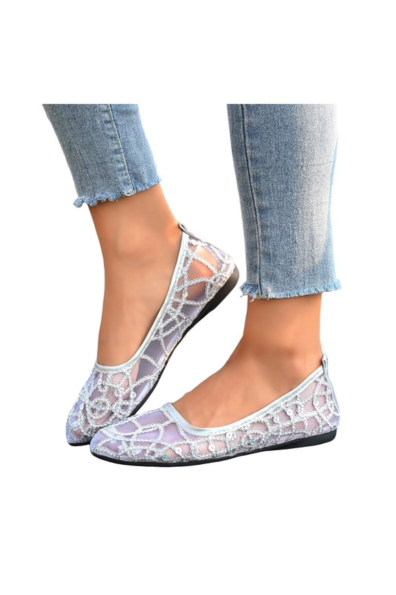 Mesh Ballet Flats for Women Sequins Round Toe Mary Jane Flats Dress Casual Ballerina Shoes for Wedding Bridal Work (Silver,9)