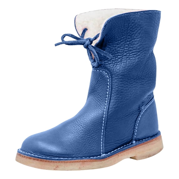 Pandaie Mid Calf Snow Boots for Women Lace up Pull on Flat Heel Round Toe Winter Booties Warm Waterproof Fleece Lined Ankle Booties Blue 8.5