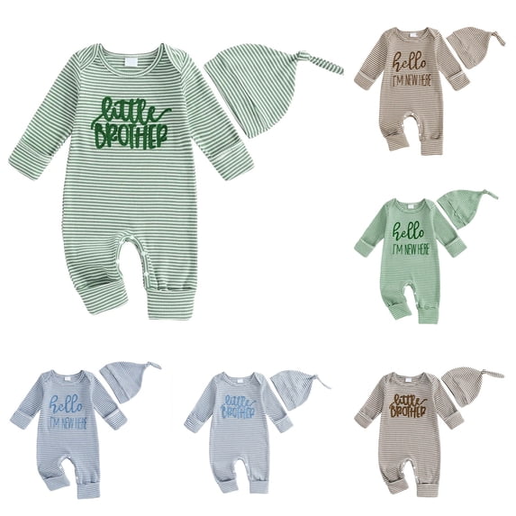 Pandaie Newborn Baby Boy Girl Clothes Infant Long Sleeve Romper Hat 2 Piece Set Ribbed Knit Stripeds Bodysuit Jumpsuit 0-3 Months Blue