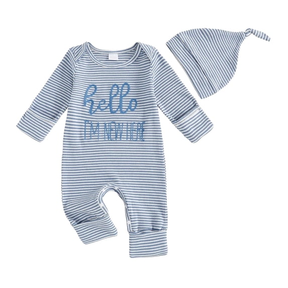Pandaie Newborn Baby Boy Girl Clothes Infant Long Sleeve Romper Hat 2 Piece Set Ribbed Knit Stripeds Bodysuit Jumpsuit 0-3 Months Sky Blue