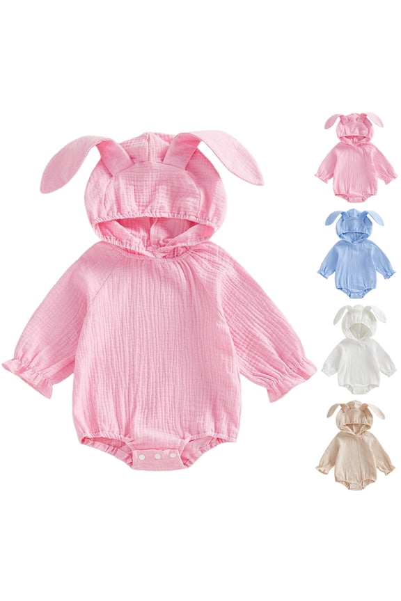 Newborn Baby Boy Girl Easter Outfit Rabbit Ear Hooded Sweatshirt Romper Linen Oversized Bubble Cute Jumpsuit 3-18M Beige