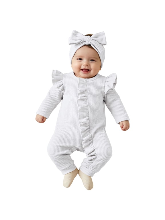 Newborn Baby Boy Long Sleeve Romper Ruffled Knit Striped Jumpsuit Hat Coming Home 2 Pcs Outfit White,3-6 Months