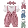 thumbnail image 1 of Pandaie Newborn Baby Girl Clothes Infant Summer Short Ruffle Sleeve Romper Floral Bow Jumpsuit Overalls Cute Outfit with Headband 3-18M Light Green, 1 of 9