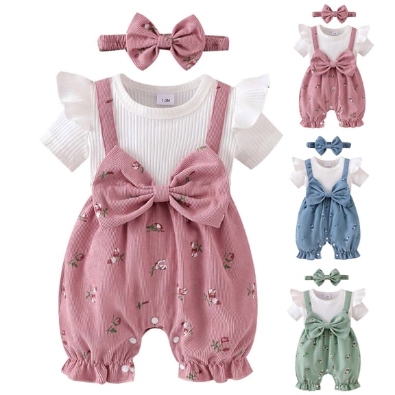 Pandaie Newborn Baby Girl Clothes Infant Summer Short Ruffle Sleeve Romper Floral Bow Jumpsuit Overalls Cute Outfit with Headband 3-18M Light Green