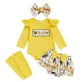 thumbnail image 1 of Pandaie Newborn Baby Girl Clothes Toddler Ruffle Rompers Infant Flower Dress Fall Winter Clothes Set with Headband Socks Yellow 9-12 Months, 1 of 4