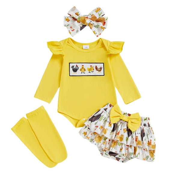 Pandaie Newborn Baby Girl Clothes Toddler Ruffle Rompers Infant Flower Dress Fall Winter Clothes Set with Headband Socks Yellow 9-12 Months