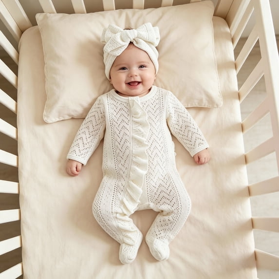 Pandaie Newborn Baby Girl Fall Winter Clothes Outfit Ruffle Romper Cute Ribbed Knit Jumpsuit with Headband White,NB