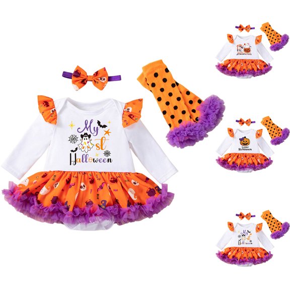 Pandaie Newborn Baby Girl Halloween Outfit Pumpkin Ruffled Long Sleeve Romper Infant Onesie with Socks Headband Orange 3-6 Months