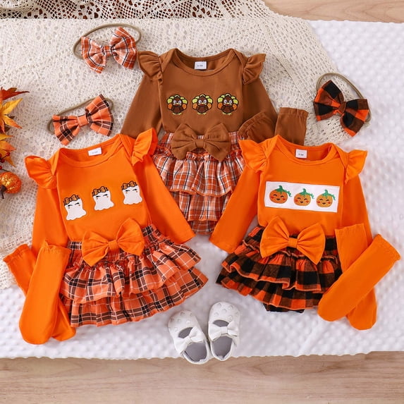 Pandaie Newborn Baby Girl Halloween Skirt Set Cute Pumpkin Spooky Embroidery Romper + Tutu Skirts + Headbands + Legging 4Pcs Outfits Brown,9-12 Months