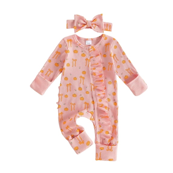 Pandaie Newborn Baby Girl Outfit Pumpkin Cotton Striped Jumpsuit Romper Ruffle Zipper Bodysuit Hairband with Bow Red,Newborn