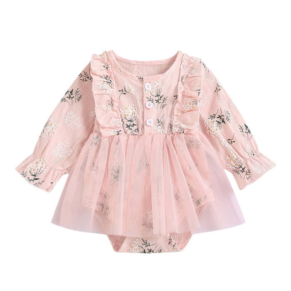 Pandaie Newborn Baby Girl Romper Dress Flower Embroidery Tulle Tutu Dresses Jumpsuit Princess Long Sleeve One-Piece Bodysuit Outfits Set 0 3 6 12 18 Months